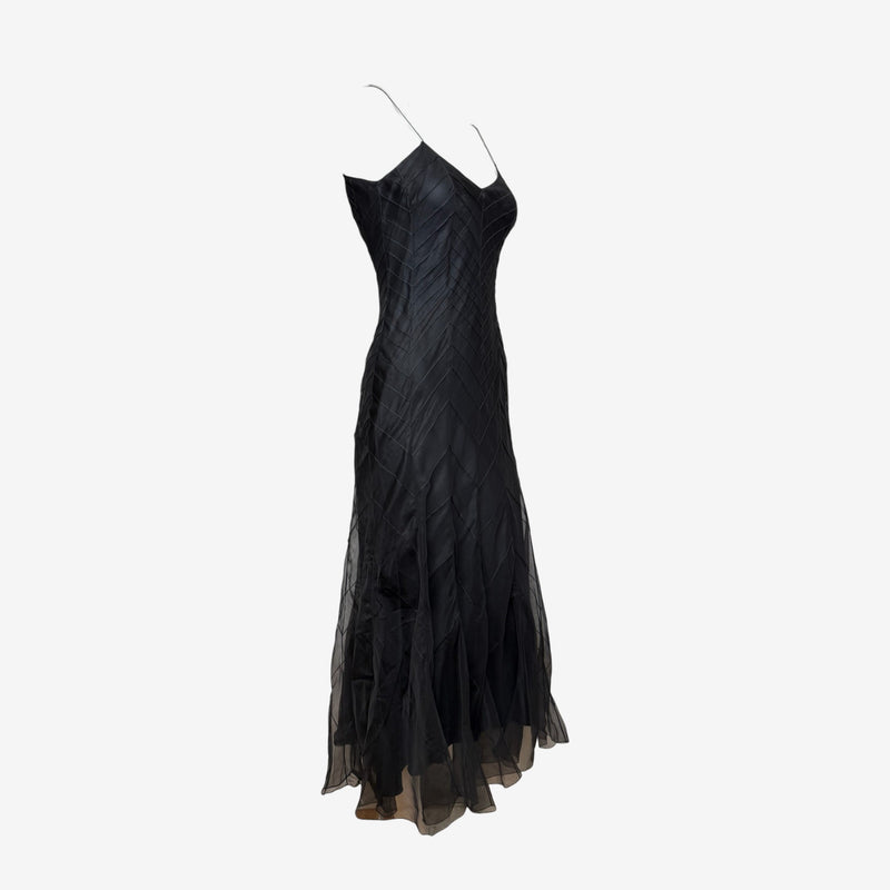 John Galliano S/S 2000 Black Chevron-Pintucked Sheer-Hem Slip Dress