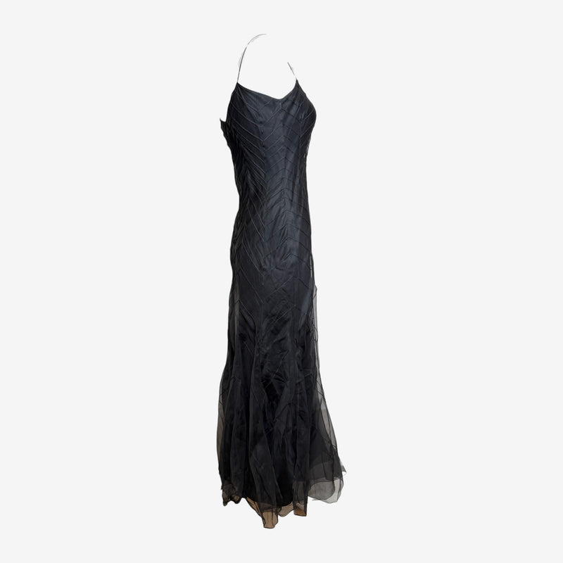 John Galliano S/S 2000 Black Chevron-Pintucked Sheer-Hem Slip Dress