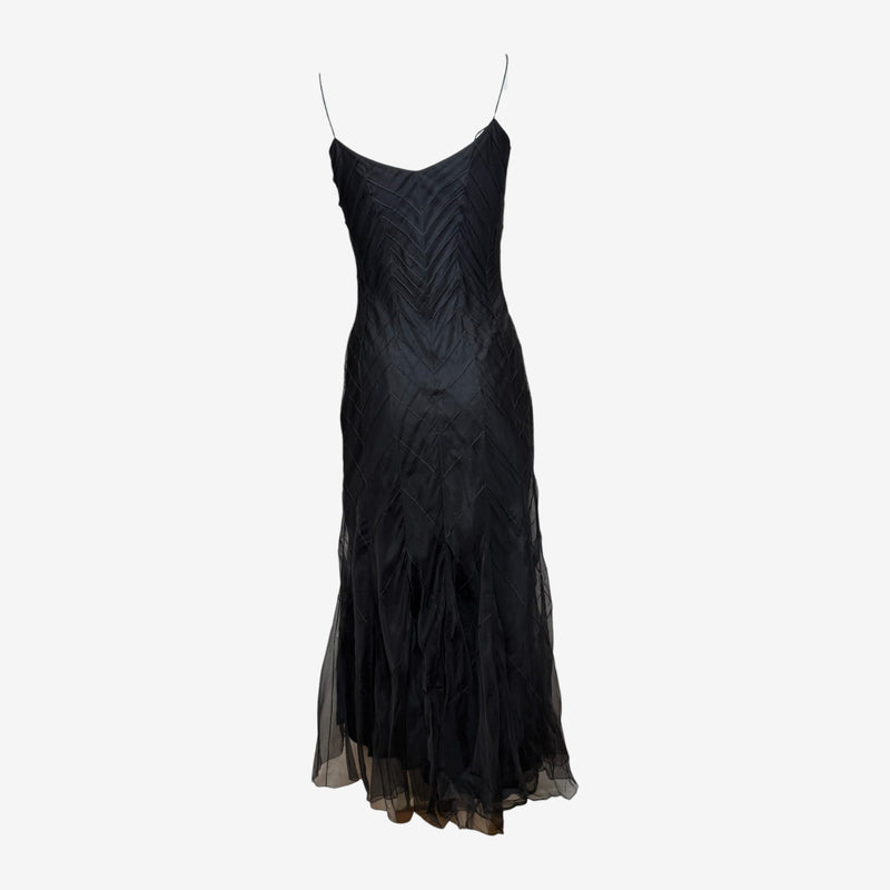 John Galliano S/S 2000 Black Chevron-Pintucked Sheer-Hem Slip Dress