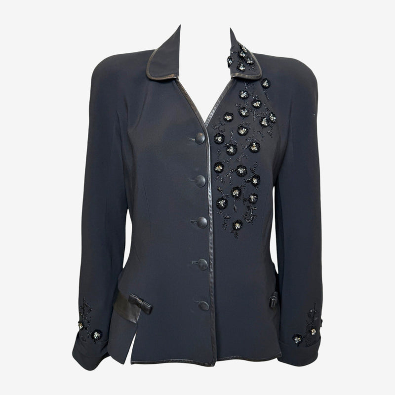 Christian Dior by John Galliano S/S 2006 Black Beaded Floral Leather-Trimmed Bar Jacket