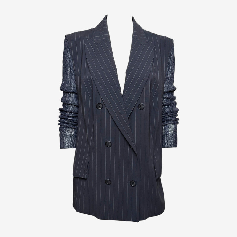 Christian Dior by John Galliano S/S 1999 Navy Pinstripe Cable-Knit Sleeve Double-Breasted Blazer