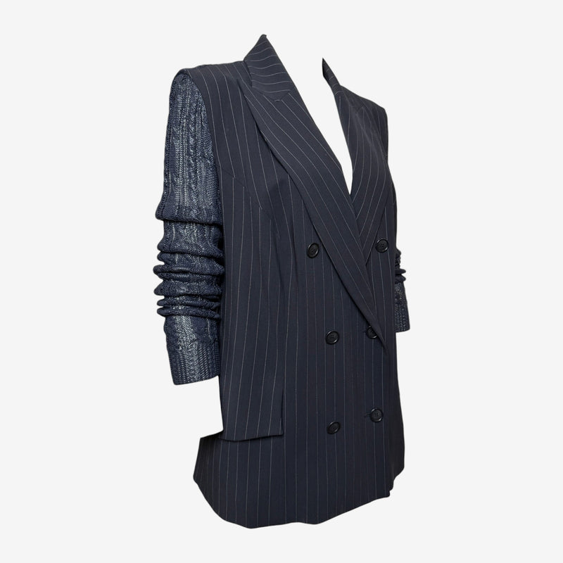 Christian Dior by John Galliano S/S 1999 Navy Pinstripe Cable-Knit Sleeve Double-Breasted Blazer