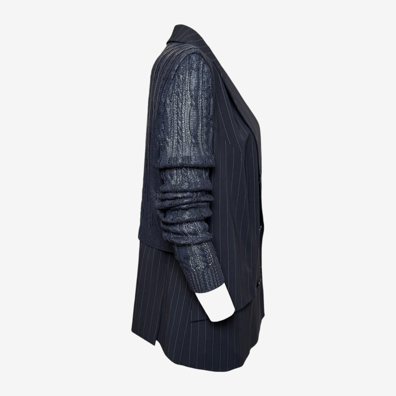 Christian Dior by John Galliano S/S 1999 Navy Pinstripe Cable-Knit Sleeve Double-Breasted Blazer