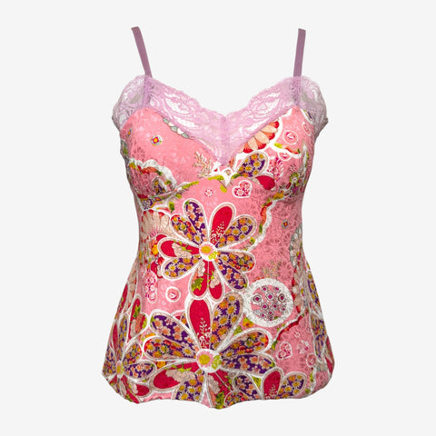 John Galliano S/S 2006 Pink Floral-Print Lace-Trim Camisole Top