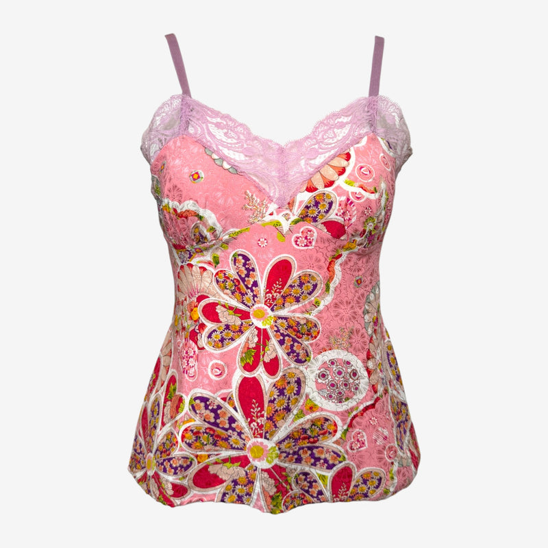 John Galliano S/S 2006 Pink Floral-Print Lace-Trim Camisole Top