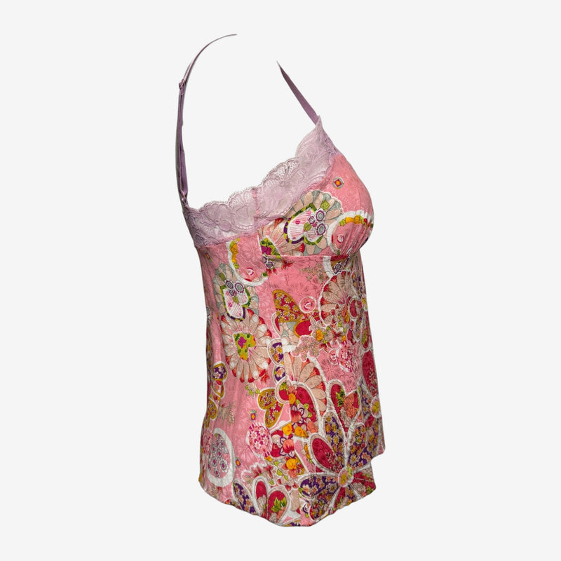 John Galliano S/S 2006 Pink Floral-Print Lace-Trim Camisole Top