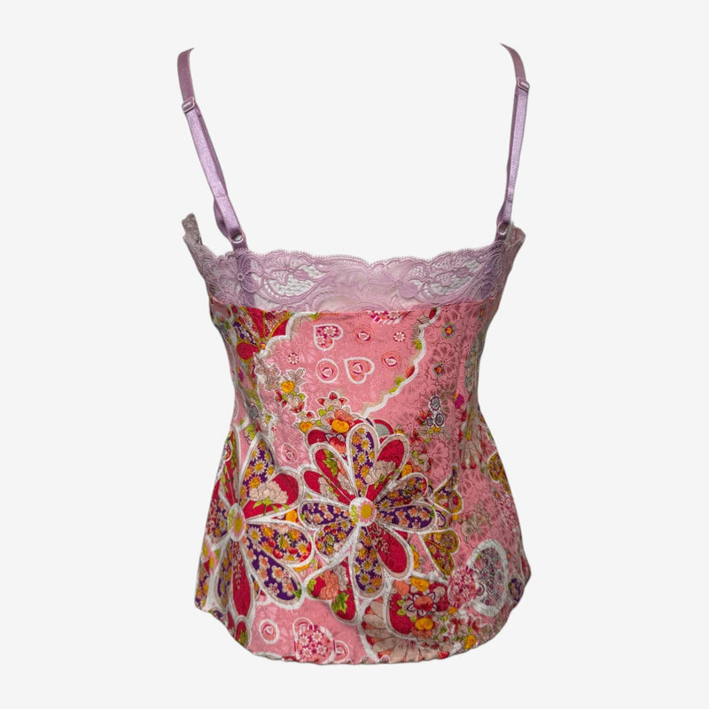 John Galliano S/S 2006 Pink Floral-Print Lace-Trim Camisole Top