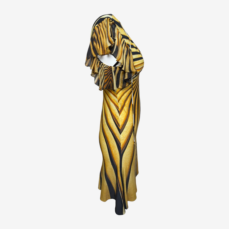 Roberto Cavalli S/S 2007 Amber & Black Tiger-Print Flutter-Sleeve Mini Dress