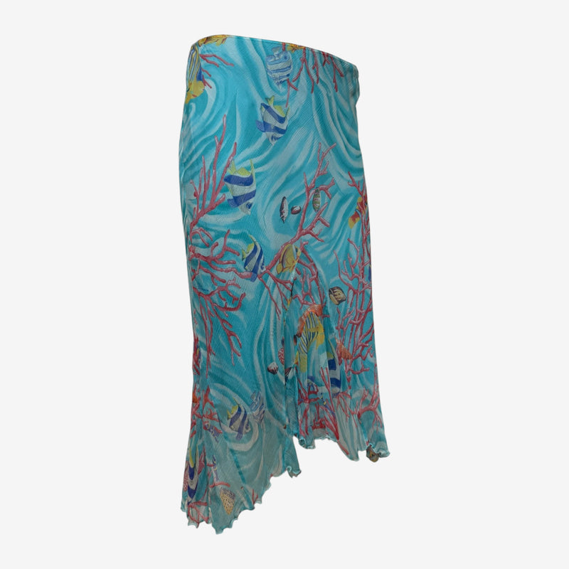 Blumarine Early 2000s Turquoise Underwater Print Pleated Mesh Midi Skirt