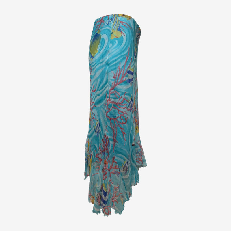 Blumarine Early 2000s Turquoise Underwater Print Pleated Mesh Midi Skirt
