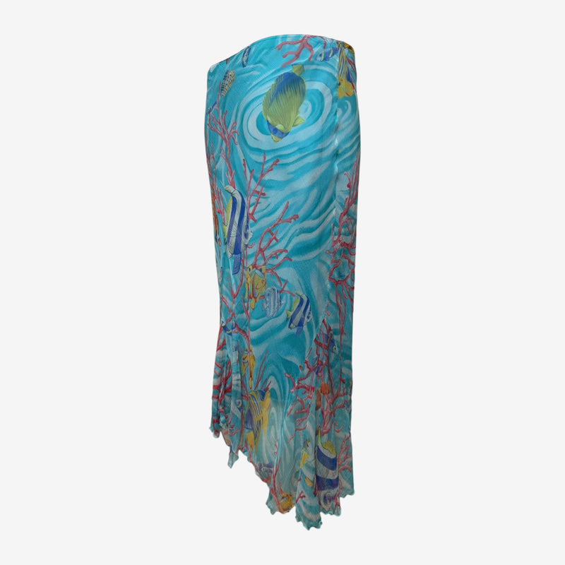 Blumarine Early 2000s Turquoise Underwater Print Pleated Mesh Midi Skirt