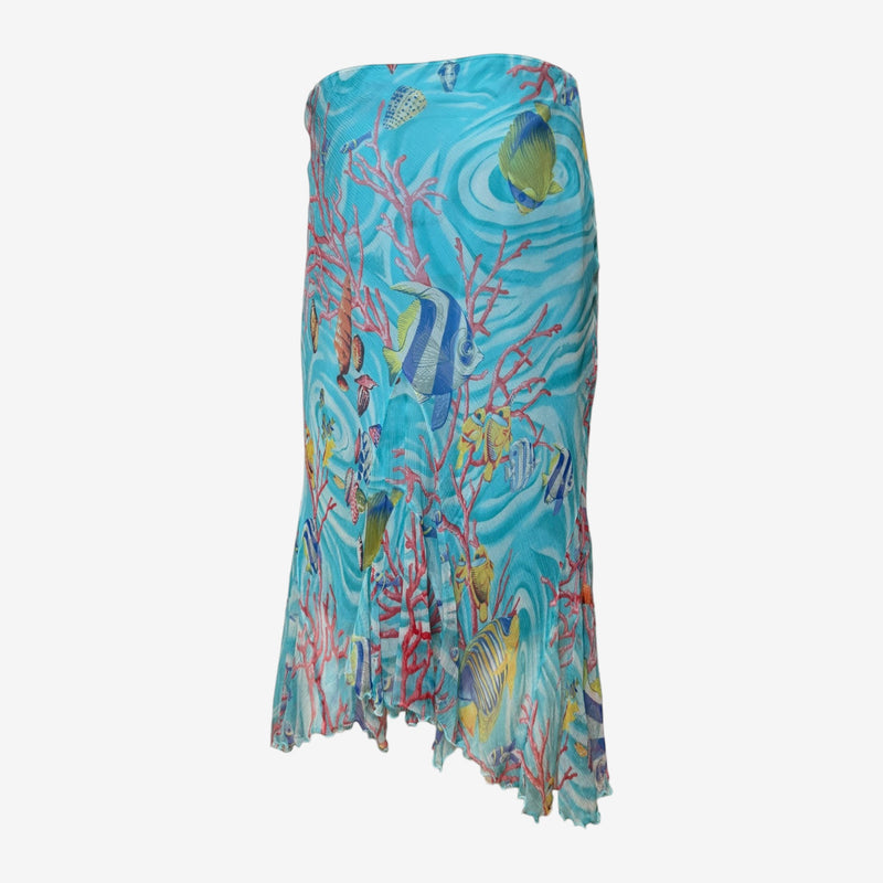 Blumarine Early 2000s Turquoise Underwater Print Pleated Mesh Midi Skirt