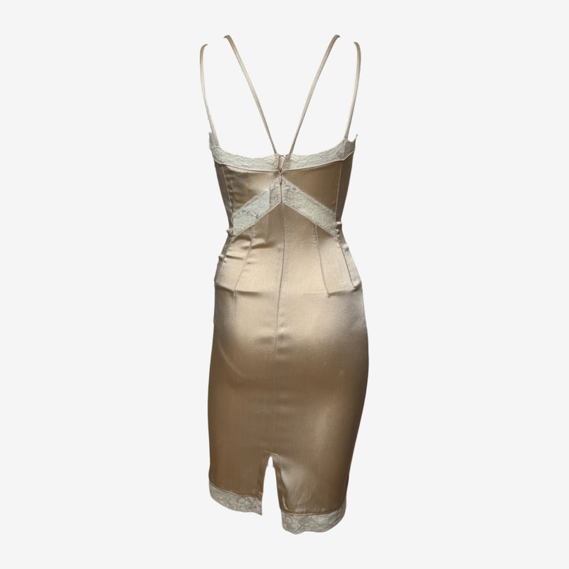 D&G Champion Beige Satin Lace-Trim Lace-Up Corset Mini Dress