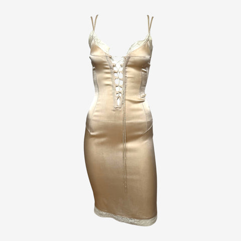 D&G Champion Beige Satin Lace-Trim Lace-Up Corset Mini Dress