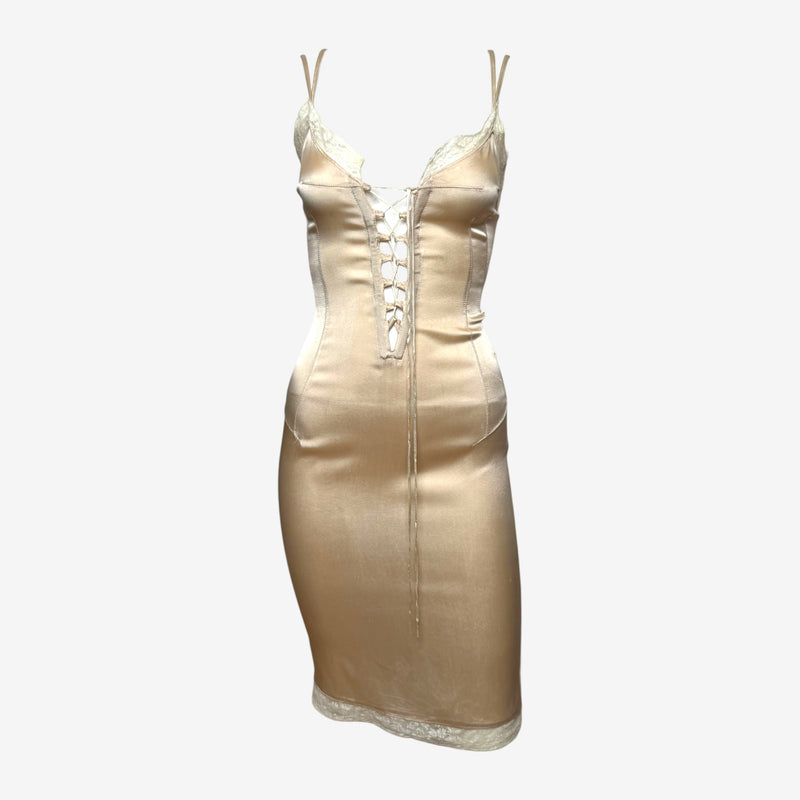 D&G Champion Beige Satin Lace-Trim Lace-Up Corset Mini Dress