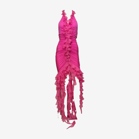 Emanuel Ungaro S/S 2003 Fuchsia Ruched Halterneck Ruffled Gown