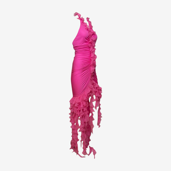 Emanuel Ungaro S/S 2003 Fuchsia Ruched Halterneck Ruffled Gown