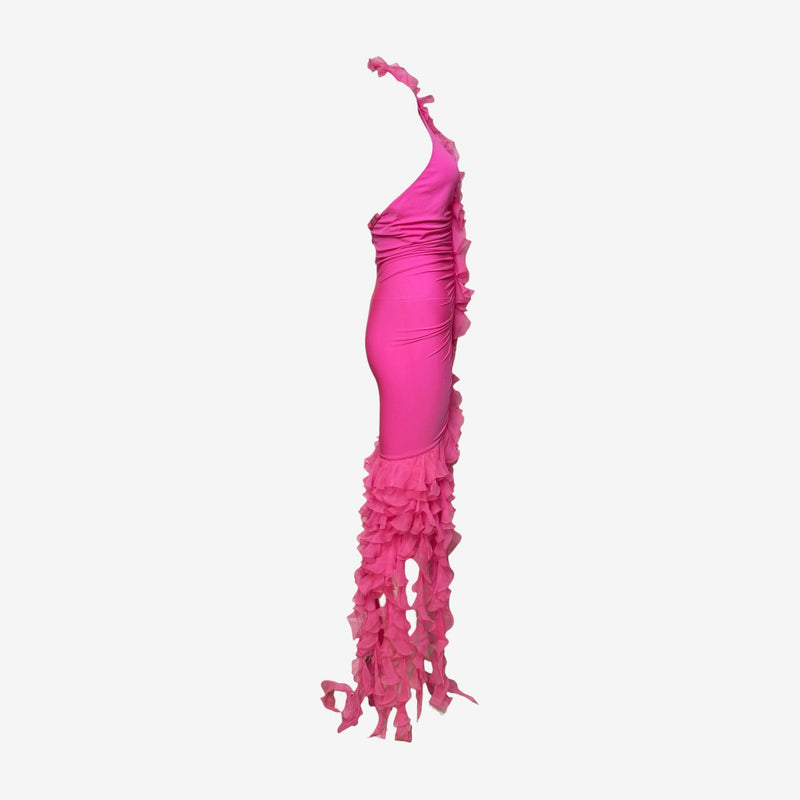Emanuel Ungaro S/S 2003 Fuchsia Ruched Halterneck Ruffled Gown