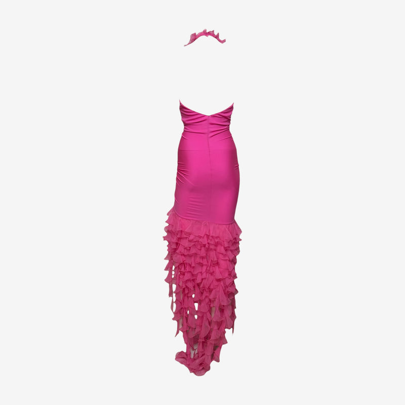 Emanuel Ungaro S/S 2003 Fuchsia Ruched Halterneck Ruffled Gown
