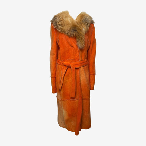 Dolce & Gabbana F/W 2000 Orange Shearling Fur-Collar Belted Maxi Coat