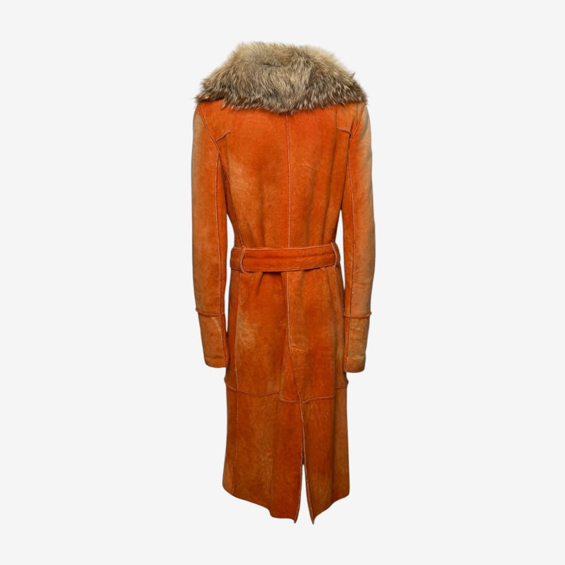 Dolce & Gabbana F/W 2000 Orange Shearling Fur-Collar Belted Maxi Coat