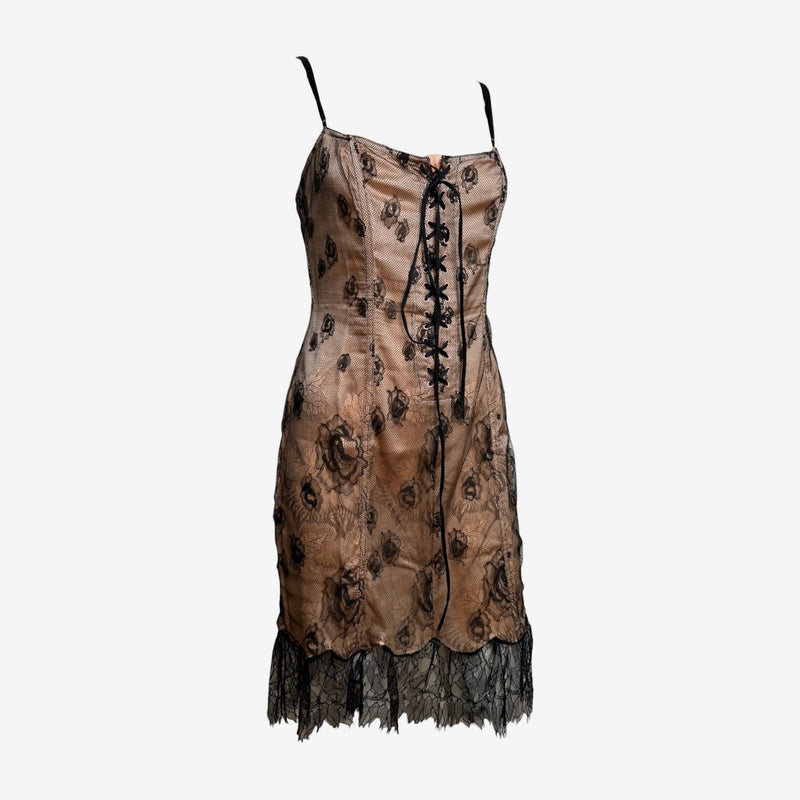 Blumarine S/S 2004 Nude And Black Rose-Lace Corset-Laced Slip Dress
