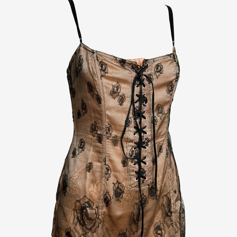 Blumarine S/S 2004 Nude And Black Rose-Lace Corset-Laced Slip Dress