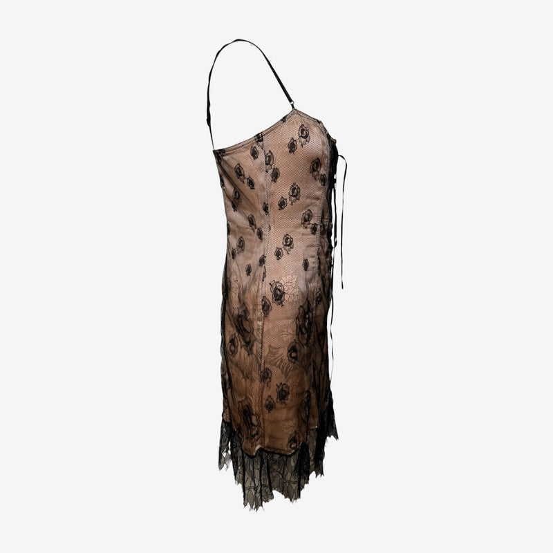 Blumarine S/S 2004 Nude And Black Rose-Lace Corset-Laced Slip Dress