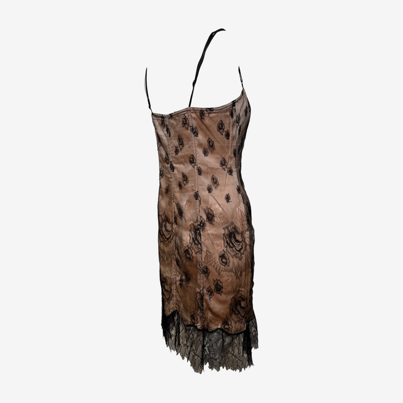 Blumarine S/S 2004 Nude And Black Rose-Lace Corset-Laced Slip Dress