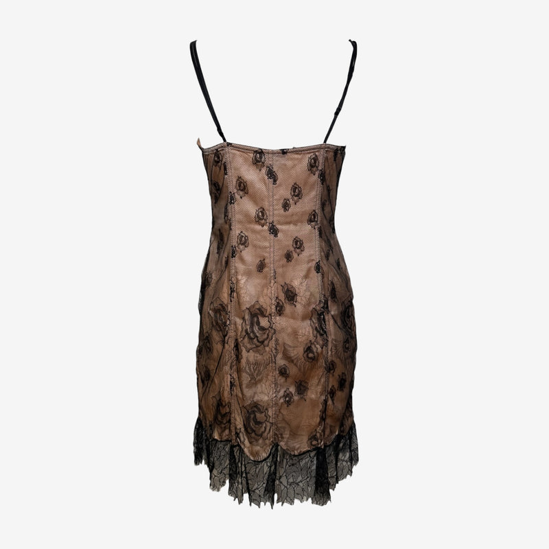 Blumarine S/S 2004 Nude And Black Rose-Lace Corset-Laced Slip Dress