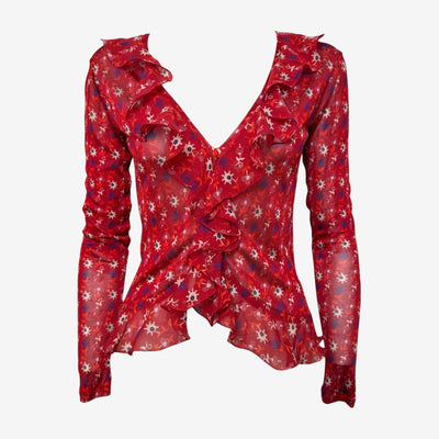 Christian Dior by John Galliano S/S 2008 Red Sheer Floral-Printed Ruffled Blouse
