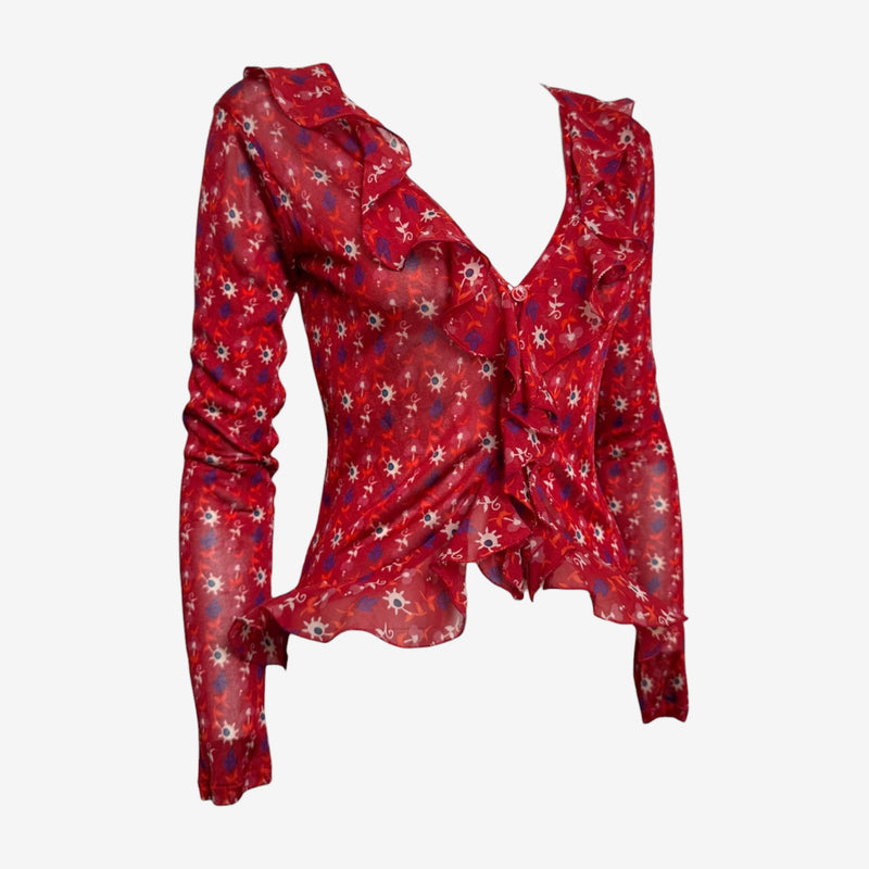 Christian Dior by John Galliano S/S 2008 Red Sheer Floral-Printed Ruffled Blouse