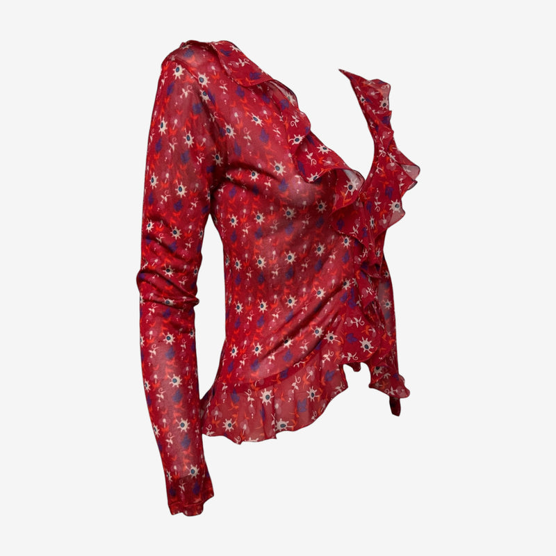 Christian Dior by John Galliano S/S 2008 Red Sheer Floral-Printed Ruffled Blouse
