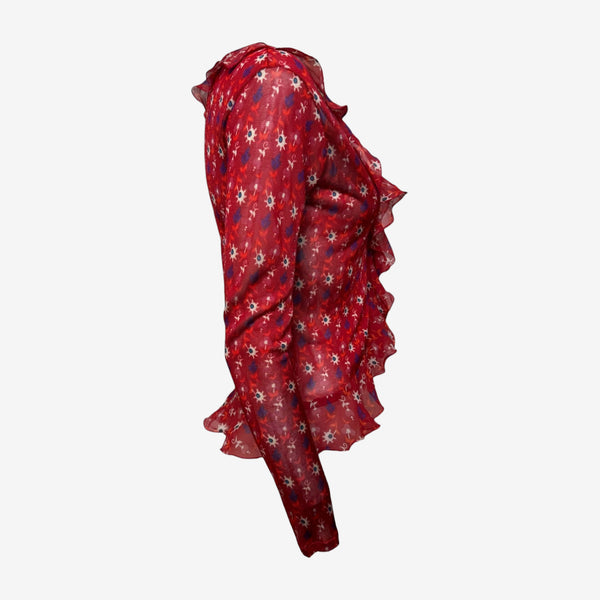 Christian Dior by John Galliano S/S 2008 Red Sheer Floral-Printed Ruffled Blouse