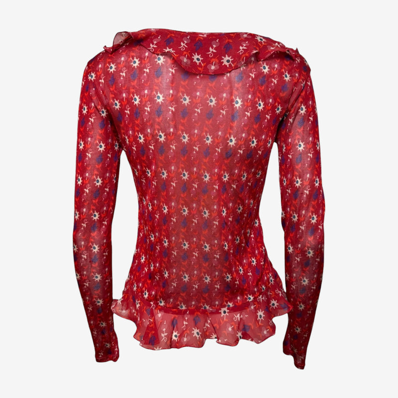 Christian Dior by John Galliano S/S 2008 Red Sheer Floral-Printed Ruffled Blouse