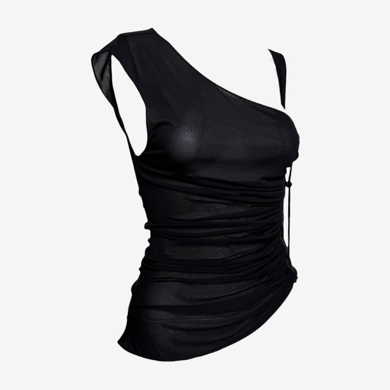 Emanuel Ungaro S/S 2005 Black Ruched Lace-Up Leather-Trimmed Top