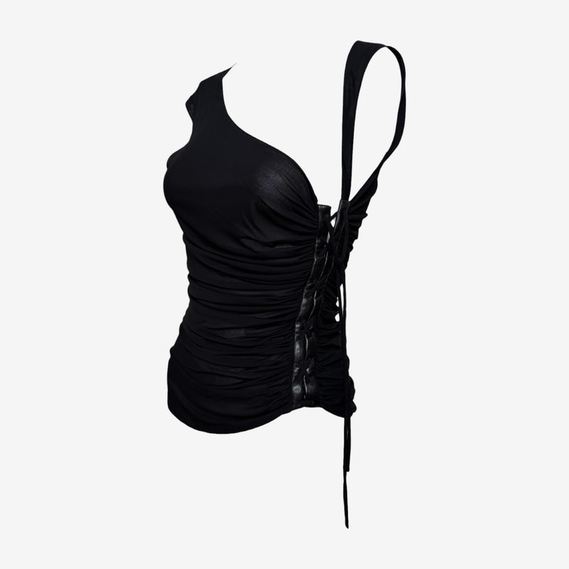Emanuel Ungaro S/S 2005 Black Ruched Lace-Up Leather-Trimmed Top