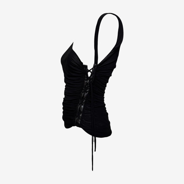Emanuel Ungaro S/S 2005 Black Ruched Lace-Up Leather-Trimmed Top