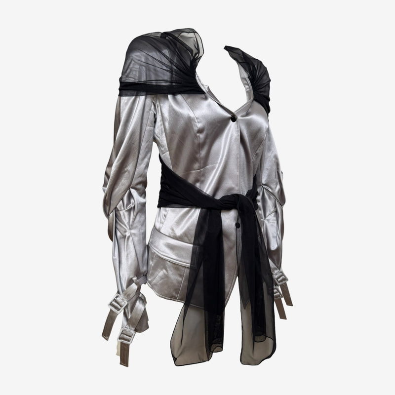 Christian Dior by John Galliano S/S 2004 Silver Metallic Satin Ruched Tulle Jacket