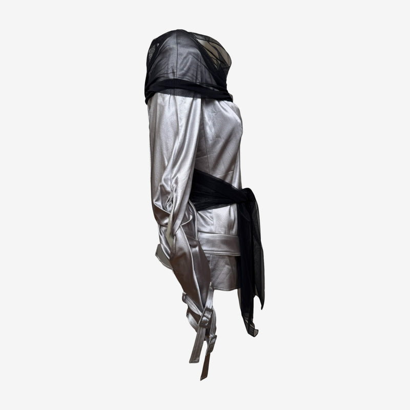 Christian Dior by John Galliano S/S 2004 Silver Metallic Satin Ruched Tulle Jacket
