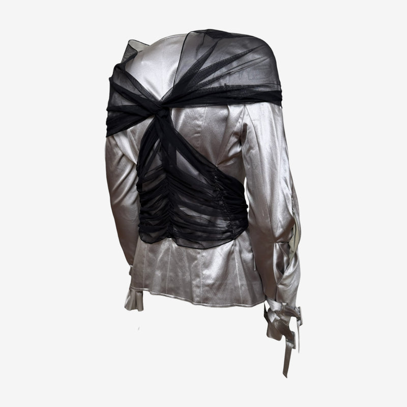 Christian Dior by John Galliano S/S 2004 Silver Metallic Satin Ruched Tulle Jacket