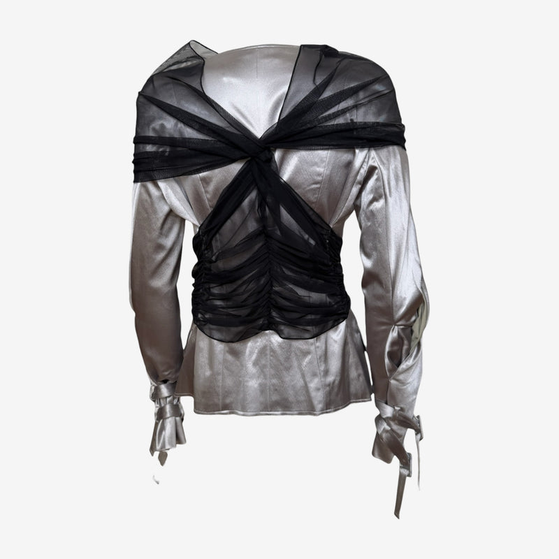 Christian Dior by John Galliano S/S 2004 Silver Metallic Satin Ruched Tulle Jacket