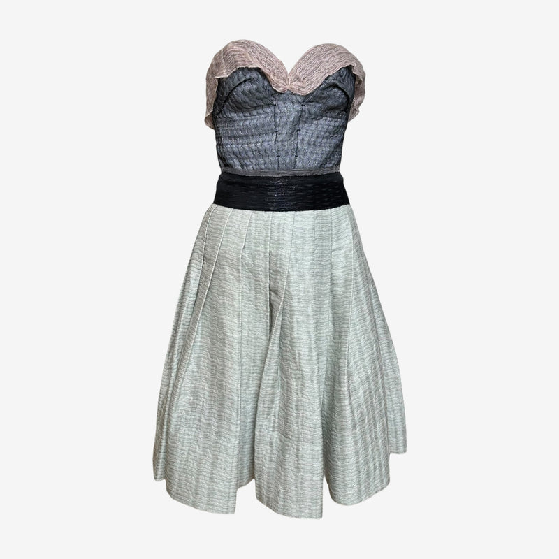 Miu Miu F/W 2007 Grey & Mint Textured Jacquard Strapless Corseted Cocktail Dress