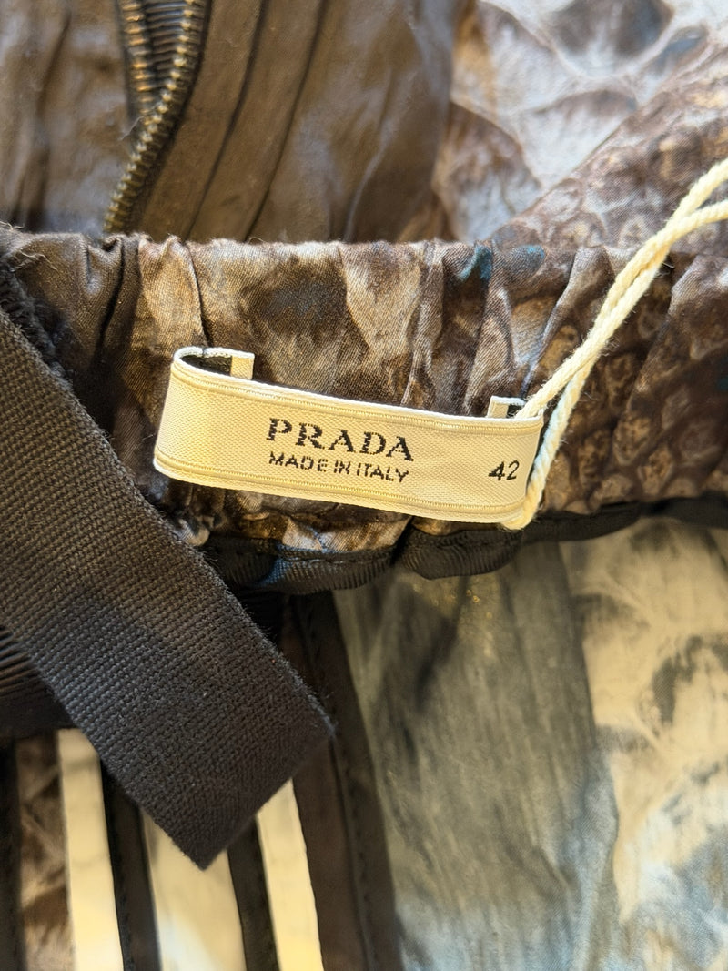 Prada S/S 2009 Brown Snakeskin-Print Metallic-Stripe Pencil Skirt