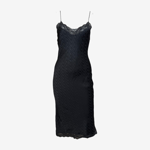 Christian Dior by John Galliano S/S 2001 Black Monogram Jacquard Lace-Trim Slip Dress