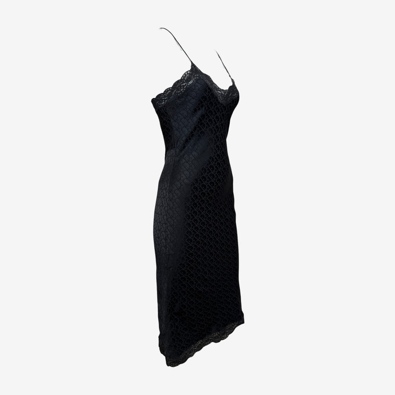 Christian Dior by John Galliano S/S 2001 Black Monogram Jacquard Lace-Trim Slip Dress