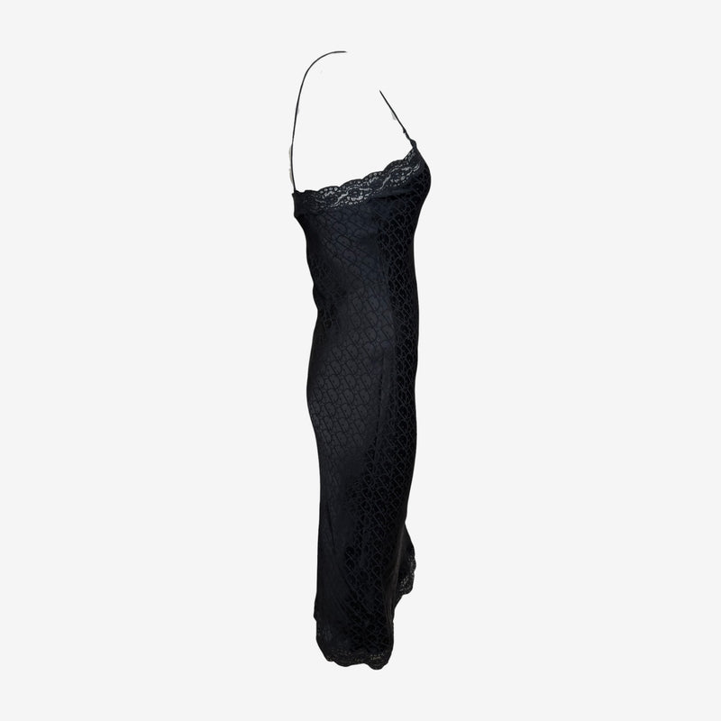 Christian Dior by John Galliano S/S 2001 Black Monogram Jacquard Lace-Trim Slip Dress