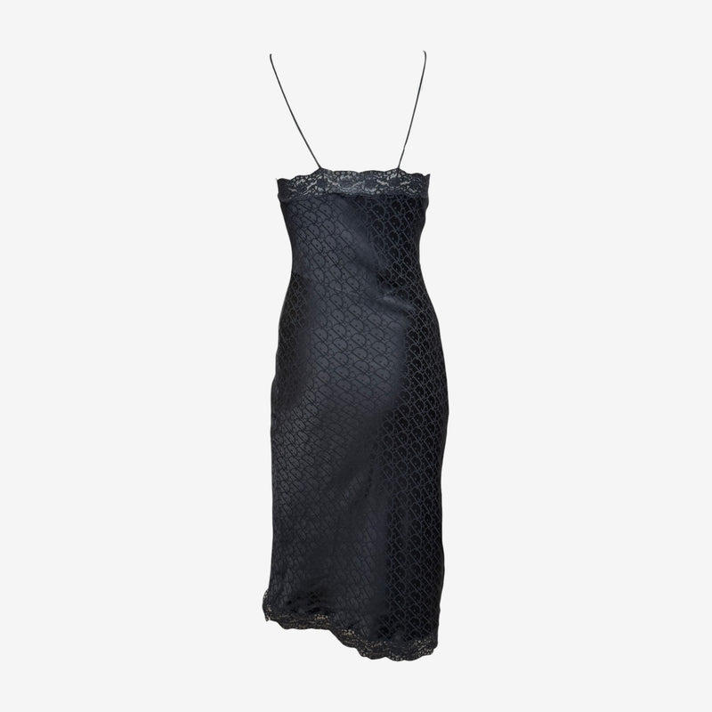 Christian Dior by John Galliano S/S 2001 Black Monogram Jacquard Lace-Trim Slip Dress