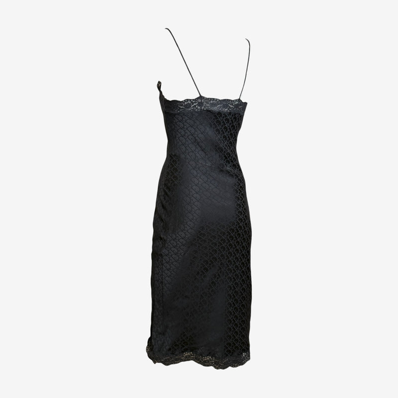 Christian Dior by John Galliano S/S 2001 Black Monogram Jacquard Lace-Trim Slip Dress