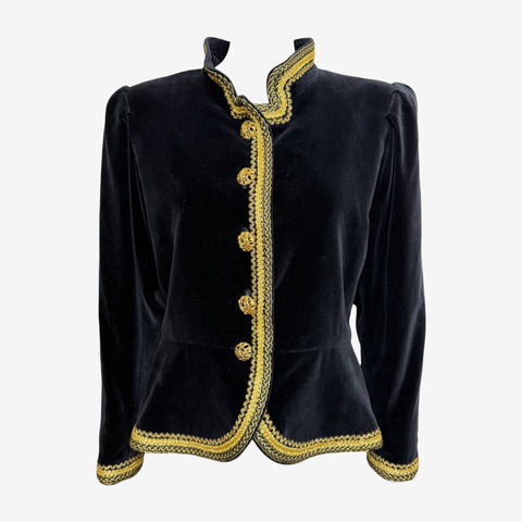 Yves Saint Laurent F/W 1990 Black Velvet Military-Inspired Jacket With Gold Passementerie Trim